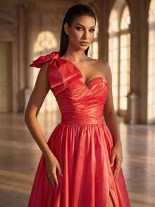 Sleeveless Women's Formal Evening Gown With Asymmetric Neckline, Ruched Bodice And Flared Skirt, Bold Thigh-High Slit, Red Wedding Party - Hot Pink - View 3