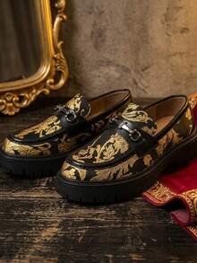 Black & Gold Baroque Jacquard Thick Sole Loafers With Horsebit Buckle Slip-On Dress Shoes Height Increasing Anti-Slip Casual Men's Shoes Fashion British Style Derby Shoes [Random Pattern] - Black - View 7