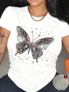 Women's Basic Short-Sleeve T-Shirt Autumn/Winter 2025 - Round Neck, Loose Fit, Stylish  Butterfly Print, Soft Fabric With Excellent Drape. Highly Versatile, Perfect For Any Outfit. - 白色 2 - 查看 1