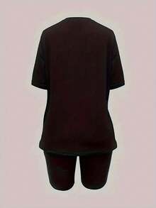 Un conjunto de manga corta para mujer, elegante e casual, , fabricado con material suave y transpirable, ideal para el ocio - negro+negro - Ver 2