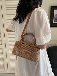 Tas Tangan Anyaman Model Baru, Tas Selempang Bahu, Tas untuk Liburan, Pantai, dan Perjalanan - Khaki - View 3