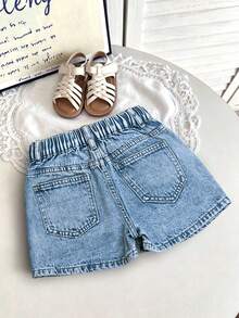 Saia Denim Lavagem Clara Simples para Menina Jovem, Saia Mini Denim Sem Forro, Moda Minimalista Clássica com Cintura Meio Elástica e Cordão Ajustável, Adequada para Todas as Estações - Lavagem clara - Visão 3