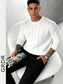 GRDR Men's Loose Fit Thin Ribbed Crew Neck Long Sleeve Knit Sweater, Casual Versatile Outerwear - White - View 1
