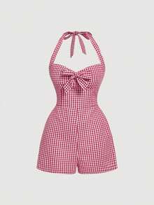 Mono con escote halter y lazo con estampado de cuadros para mujer - Rojo y blanco - Ver 1