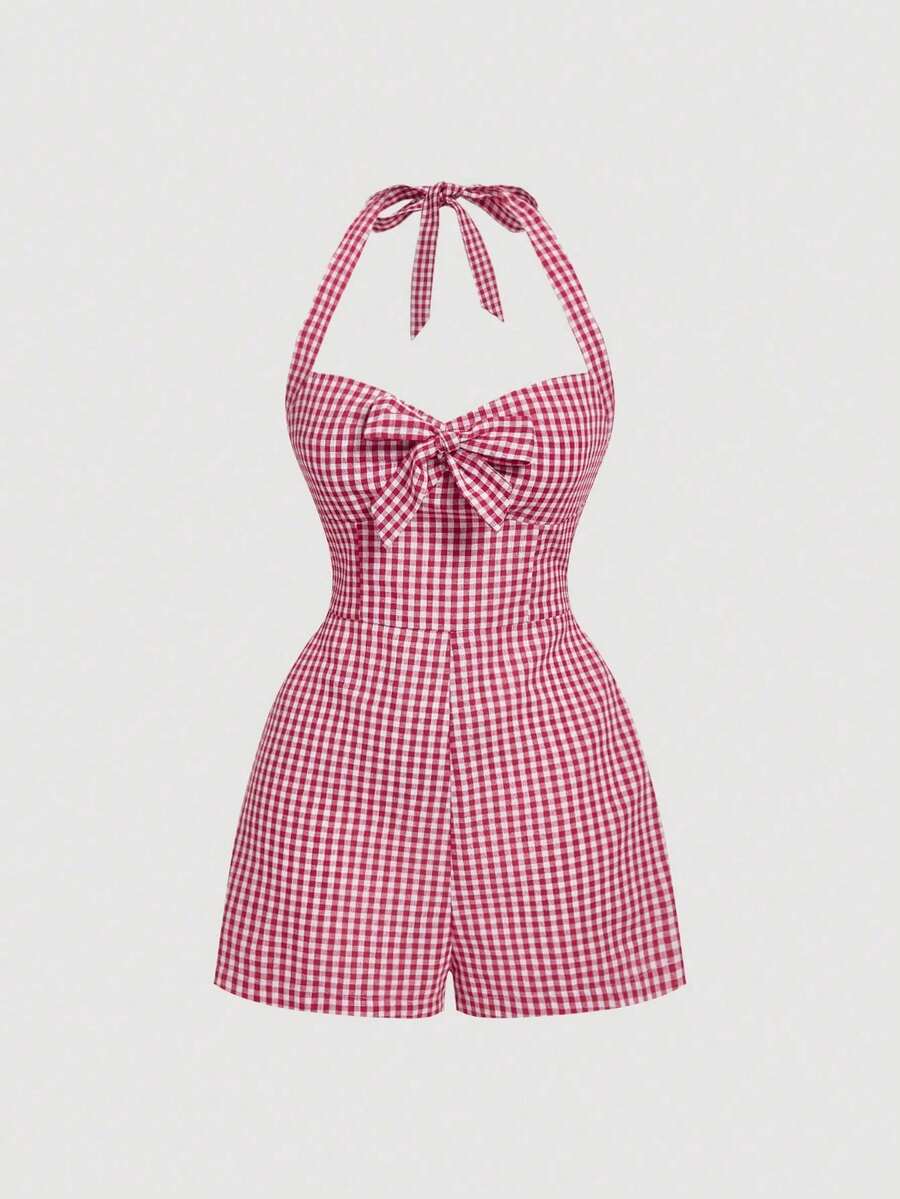 Mono con escote halter y lazo con estampado de cuadros para mujer - Rojo y blanco - Ver 1