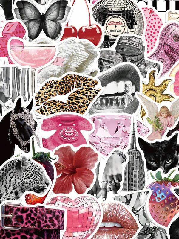 50pcs/Pack Y2K Hot Girl Style Personalized Pink & Black Retro Stickers, European & American Vintage Leopard Print, Lips, Disco Ball, Cherry Elements Decals, Millennium Hot Girl Personalized Decorative Stickers, Suitable For Decorating Water Bottles, Laptops, Suitcases, Phone Cases, Scrapbooking Materials