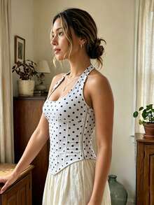 Women's Halter Tank Tops Summer Dot Print Sleeveless Backless Tie Neck Vest Slim Fit Going Out Shirt - White - View 5