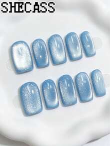 Shecass 10pcs High-Quality Square Handmade Nails Press On Nails Blue Nails Cat-Eye Nude Nails Y2K Style Summer Nails, Daily Wear, Graduation, Travel, Holidays, Gifts Suitable For Parties And Music Festivals Back To School - Multicolor - View 1
