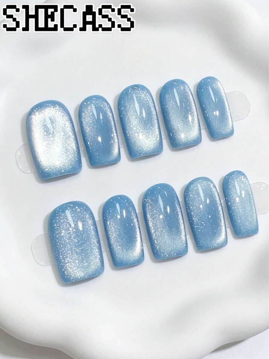 Shecass 10pcs High-Quality Square Handmade Nails Press On Nails Blue Nails Cat-Eye Nude Nails Y2K Style Summer Nails, Daily Wear, Graduation, Travel, Holidays, Gifts Suitable For Parties And Music Festivals Back To School - Multicolor - View 1