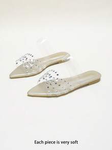 Rhinestone-Embellished Clear Strap Pointed Toe Flat Slide Sandals - Gold - View 4