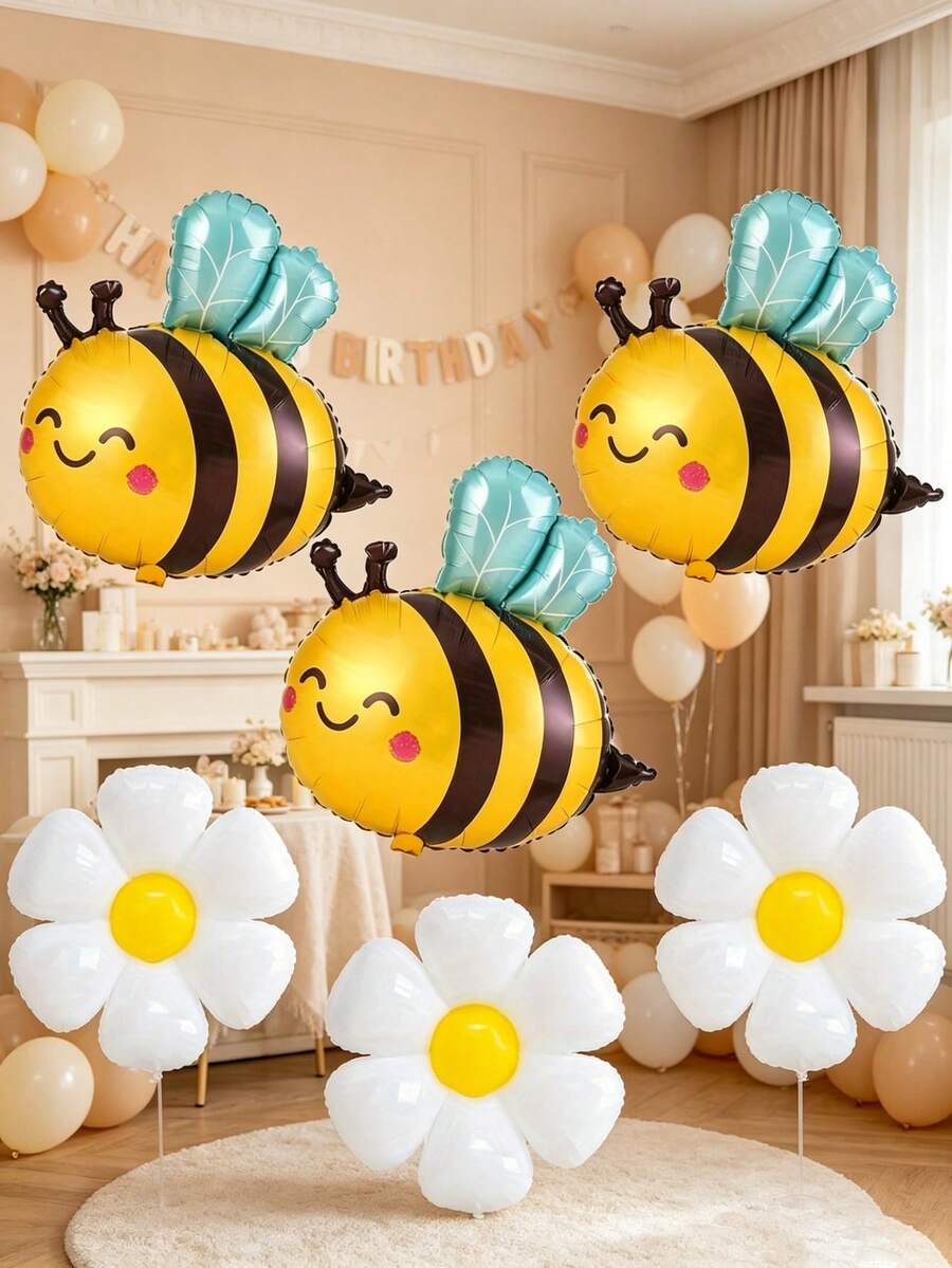 6 قطع بالونات فويل كبيرة 32 بوصة بتصميم كرتوني للنحل وزهور الأقحوان البيضاء، بالونات فويل لديكور حفلة عيد الميلاد - مشاهدة 1