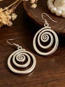 1 Pair Bohemian Style Spiral Vortex Round Hoop Earrings, Distressed Alloy - Antique Silver - View 4