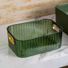 Transparente Acryl Schreibtisch Aufbewahrungsbox (funktioniert auch als Mehrzweck Aufbewahrungskorb) mit Goldrand, geeignet zum Organisieren von Kosmetik, Hautpflegeprodukten, Gesichtsmasken, Snacks, Wohnheim-Essentials und verschiedenen Haushaltsgegenständen - Verschiedenfarbig - Übersicht 13