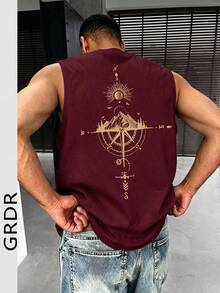 GRDR Men's Summer Compass & Mountain Peak Print Casual Sleeveless Tank Top - Burgundy - View 1