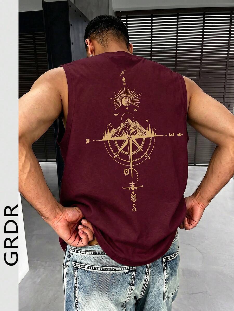 GRDR Men's Summer Compass & Mountain Peak Print Casual Sleeveless Tank Top - Burgundy - View 1