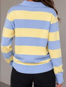 Women's Striped Knit Blouse With Polo Collar And Long Sleeves - 黃色淡藍條紋 - 查看 2