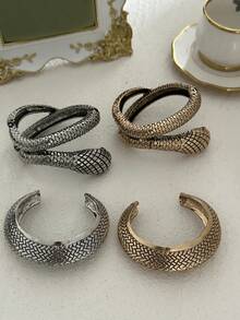 Vintage Snake Texture Open Cuff Bracelet, Niche Design Distressed Metal Snake Bone Wrist Ornament, Retro Snake Pattern Exaggerated Wide Bangle, Luxury Elegant Personalized Layered Hand Accessory - Multicolor - View 10
