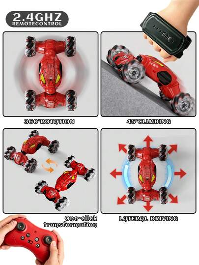 מכונית שלט רחוק Twist 1 יחידה, 2.4GHz עם חיישן תנועה, מכונית פעלולים עם חיישן תנועה, מצב שליטה כפול, מכונית פעלולים עם שלט רחוק מסתובבת 360°, מכונית שטח 4WD משתנה, סחרור 360°, נסיעה 11 כיוונים קדימה, נסיעה בתרחישים מרובים, שינוי במקש אחד, מכונית סחרור בשלט רחוק דו-כיוונית, צעצוע מגניב לילדים, מכונית Twist בשלט רחוק עם נורות LED צבעוניות