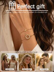 2 pièces/set Ensemble de bracelets empilables pour femmes, bracelet soleil et bracelet croix en strass, convient pour le port quotidien, le bureau, les vacances et les cadeaux - Strass - Voir 4