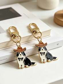 2pcs Cute Denim-Style Edge-Printed Cow Enamel Keychain. Cartoon Dog Bag Pendant. Suitable For Backpacks, Car Keys. Gift For Dog Lovers. - Multicolor - View 1