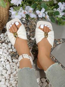 Women's Bowknot Metal Decor Straw Woven Flat Sandals, Comfortable Minimalist Vacation Beach Home Daily Summer Open Toe Slides, Solid Color Fashion Fabric Buckle Woven Flat Shoes For Spring And Summer - Off White - View 6