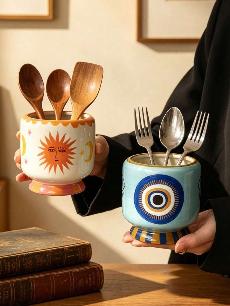 Cabin Kangaroo 1 pieza Portautensilios de cerámica pintado a mano, estilo bohemio, patrón colorido y juguetón, estante de almacenamiento decorativo para encimera de cocina, adecuado para espátulas, tenedores, brochas, bote de almacenamiento multiusos para decoración del hogar