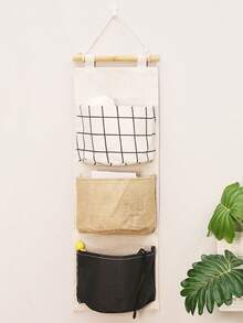 Plaid Linen 3-Pocket Hanging Storage Bag, Over-The-Door Organizer, Minimalist Fashion Hanging Pocket Storage Bag, Miscellaneous Items Handy Storage Bag, Foldable Storage Hanging Bag,Bedroom Room Decor,Back To School - Multicolor - View 4