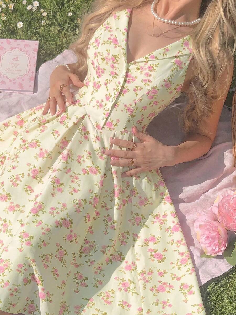 MOD Vestido midi en beige con cuello vuelto, cierre de botones delantero y cintura ceñida - Rosa 2 - Ver 1