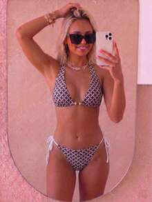 August vacation Conjunto de bikini con estampado geométrico y cuello halter para mujer - Multicolor - Ver 1