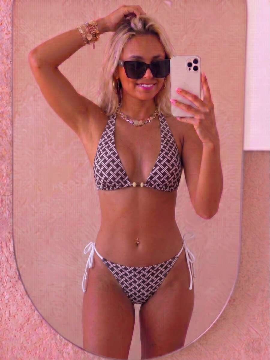 August vacation Conjunto de bikini con estampado geométrico y cuello halter para mujer - Multicolor - Ver 1
