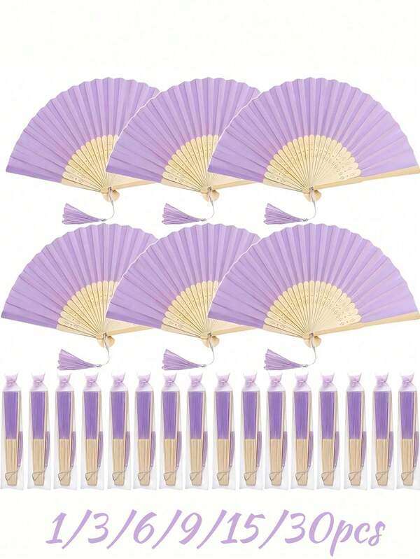 1/3/6/9/15/30pcs Fabric Handheld Folding Fans With Tassels, Comes With Gift Bags, Purple Wedding Gift Fans, Women's Gift Decoration, Suitable For Bridal Gifts, Return Gifts, Wedding Banquet Gifts, Birthday Party Gifts