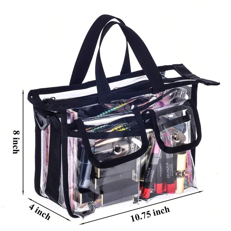 Clear PVC Makeup Bag, Transparent Cosmetic Organizer Tote, Waterproof Travel Toiletry Storage Bag With Removable Shoulder Strap, Front Pockets, Zipper Pouch And Handle For Makeup Brushes Beauty Tools