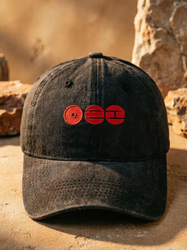 Neue Vintage Washed schwarze Baseballkappe, rotes abstraktes Stickerei-Design, lässiger Streetstyle Unisex Dad Hat, Retro abgenutzte Baseballkappe