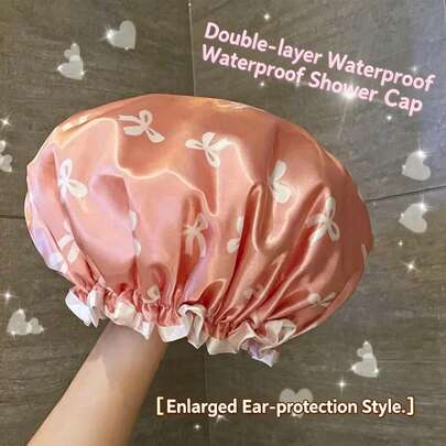 Bow Print Satin Double Layer Waterproof Elastic Reusable Adult Shower Cap For Home, SPA, Travel Hair Protection