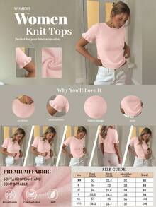 Women's Casual Solid Color Round Neck Frill Trim Ruched Short Sleeve Loose Wool Blend T-Shirt Top, Spring/Autumn Pink Summer - Pink - View 6