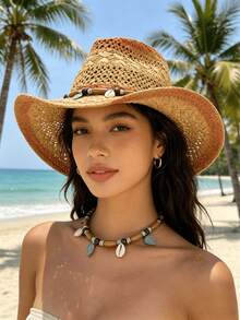1pc Bohemian Mixed Color Beaded Hollow Panama Straw Hat, Casual Protective Decorative Sun Hat, Fashionable Versatile, Suitable For Outdoor Activities, Fashion Women's Hat, Women's Country Hat, Women's Hat, Suitable For All Seasons, Holiday Gift, Mother's Day Gift For Mom, Valentine's Day, Suitable For Vacation, Photography, Gift For Women - Multicolor - View 4