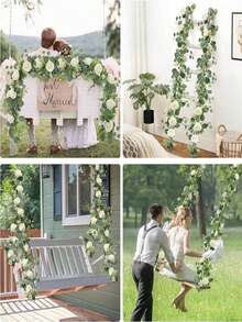 1/2/4pcs Artificial Peony Vine For Home Decor, Christmas Table Garland, Indoor Decorative Flowers, Artificial Eucalyptus Wreath With White Roses, Faux Rose Green Leaf Vine, Suitable For Weddings, Home Gatherings, Tablecloth Decoration And More - White and green - View 8