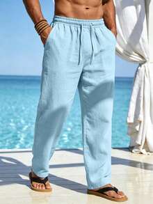 Men's Casual Minimalist Solid Color Pocket Drawstring Light Blue Comfortable Loose Linen Long Pants, Suitable For Spring, Summer, Autumn, Winter - Light Wash - View 3