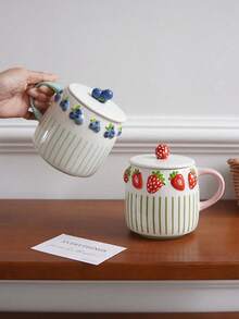1pc Embossed Fruit Striped Ceramic Mug, Exquisite Coffee Cup With Lid, Lemon, Peach, Strawberry And Blueberry Pattern, Elegant And Practical, Suitable For Home Decor, Father's Day Gift, Father's Day Decoration, Independence Day Gift Decoration, Back To School Gift, Halloween Decoration And Christmas Decoration, Suitable For Coffee Cup, Living Room, Bedroom, Coffee Art, Gift. - Multicolor - View 6