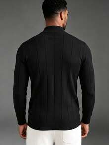 Camvyn Men's Casual Fashion Striped Slim Fit Regular Shoulder Cardigan Long Sleeve Sweater - Black - View 2