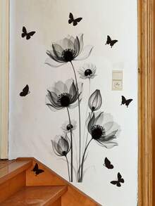1 Piece Of Black And White Floral Series Wall Decal, Line-Drawing/Ink-Style Butterfly Decorative Sticker, Self-Adhesive And Removable For Bedroom Or Hallway Walls, Comes With An Artistic Feel, Perfect For Creating A Personalized Home Corner. - Wall Stickers - View 8