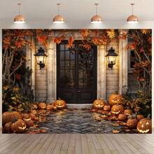 1 Piece Of Autumn Halloween Pumpkin House Background Cloth, Maple Leaf Door Background Photo, Studio Props, Halloween Party Decoration, Photography Background Cloth. - Multicolor - View 2