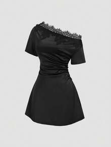 or versátil para uso diario, casual, citas y talla grande, con diseño sexy de hombros descubiertos, encaje, ajustado y suave, de moda primavera/verano estilo europeo y americano para mujeres - Negro - Ver 1