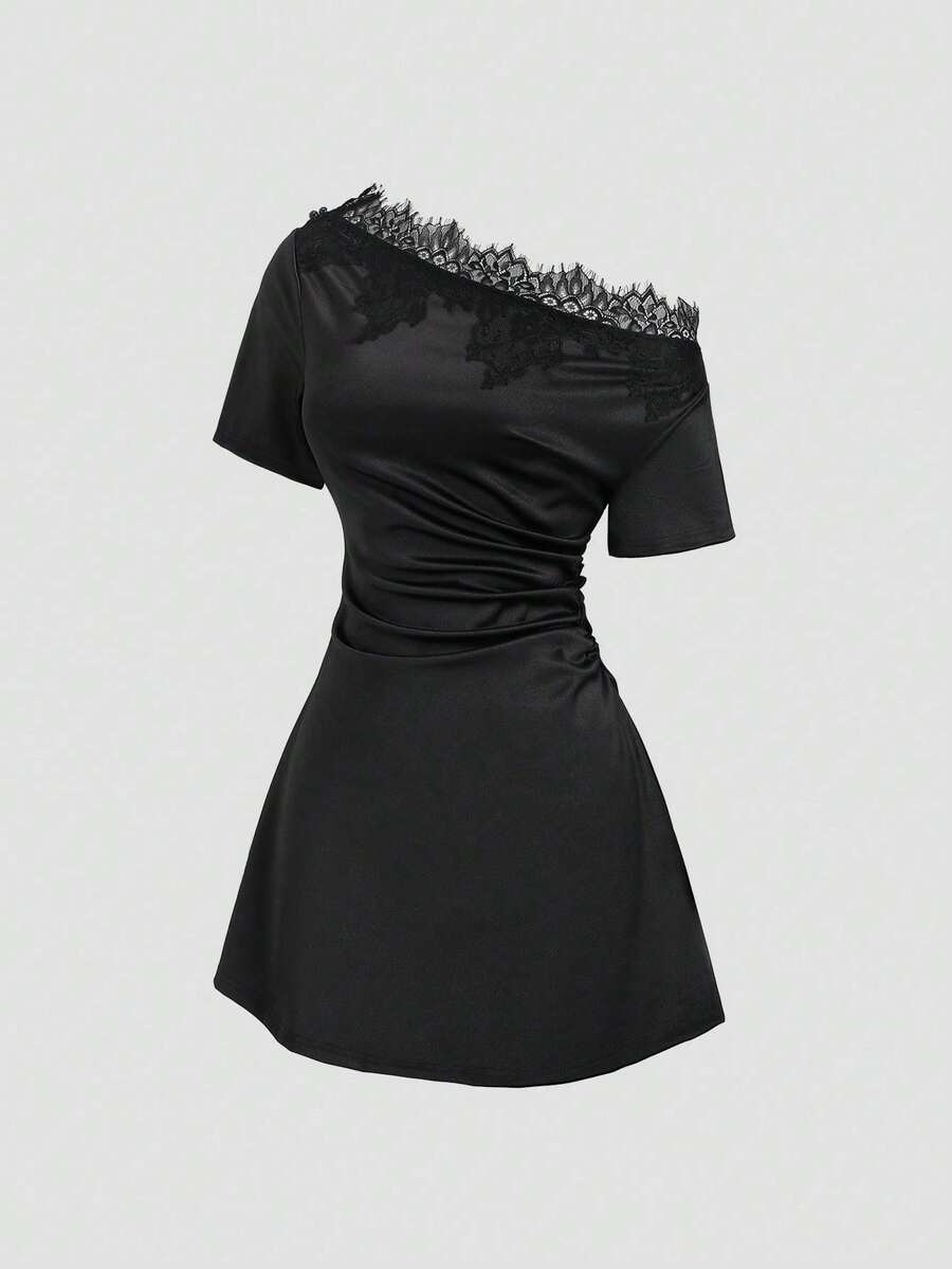 or versátil para uso diario, casual, citas y talla grande, con diseño sexy de hombros descubiertos, encaje, ajustado y suave, de moda primavera/verano estilo europeo y americano para mujeres - Negro - Ver 1