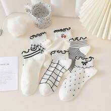 6 pares de calcetines cómodos y lindos con rayas y cuadros con ribete de volantes, perfectos para calcetines largos y medias de mujer - Multicolor - Ver 6