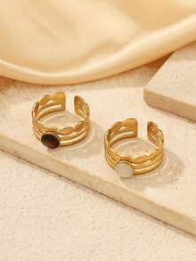 2pcs Stainless Steel Women's 18K Gold Plated Open Adjustable Multi-Layer Leaf Rings, Textured Leaf Pattern Inlaid Round Natural Shell Tiger Eye Stone Personalized Rings, Vintage Style Daily Date Party Women's Fashion Jewelry - Yellow Gold - View 3