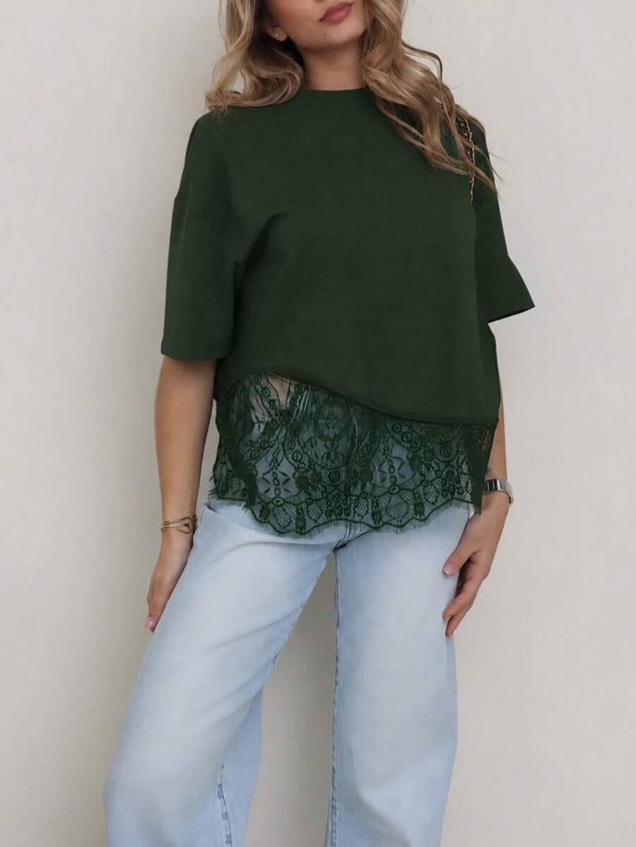 Solid Color Knit Fabric Lace Patchwork Short Sleeve T-Shirt For Women, Casual Sports Office Wear For Spring Summer - Dark Green - View 1