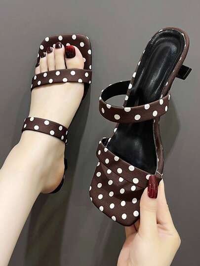 French Vintage Brown With White Polka Dot Thin Heel Slippers For Women, Square Toe Double Strap Open Toe Kitten Heel Sandals, Spring Summer Commute Date Versatile High Heel Shoes
