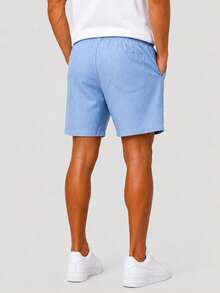 Kit 3 Premium Linen Shorts Bermuda Mauricinho Men's Casual Basic Comfortable Leather Label Detail - 淺藍色 - 查看 3