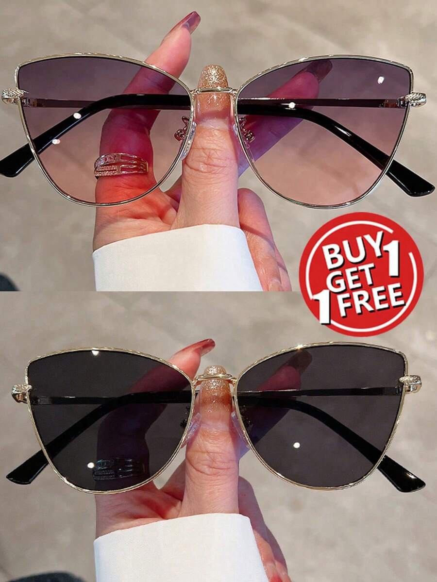 1pc Women's Retro Style Cat Eye Fashion Glasses Suitable For Travel And Outings - C8c10 Gold Grey Powder + Gold Grey - View 1